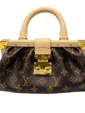 LOUIS VUITTON BROWN MONOGRAM CANVAS CALFSKIN TRIM TOP HANDLE CLUTCH HANDBAG